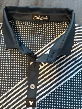 Men’s Large Bad Birdie Navy and Light Grey Diagonal Stripe & Dot Polo